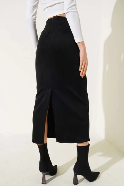 Bel Fermuarlı Süet Kalem Etek Siyah - Resim 3