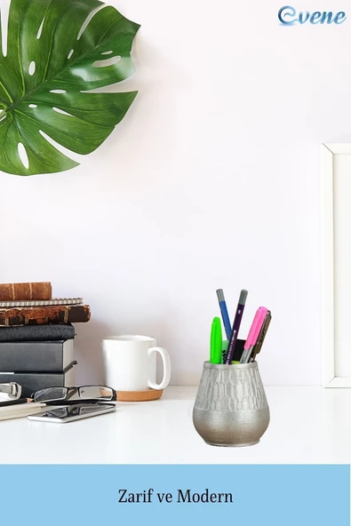 Evene Kalemlik Gümüş Renk Masa Kalemliği Organizer Kalemlik Vazo Model - Resim 3