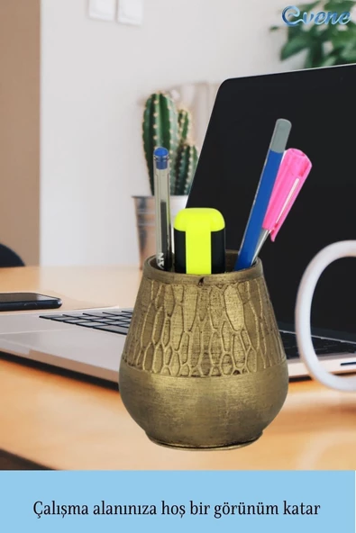 Evene Kalemlik Altın Eskitme Renk Masa Kalemliği Organizer Kalemlik Dönen Model 3 - Resim 4