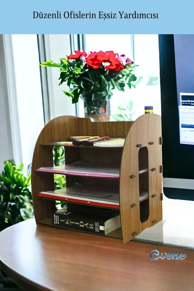 Evene Dosya Düzenleyici Masa Üstü Organizer Ahşap Evrak Rafı Ceviz Renk Model 6 - 2