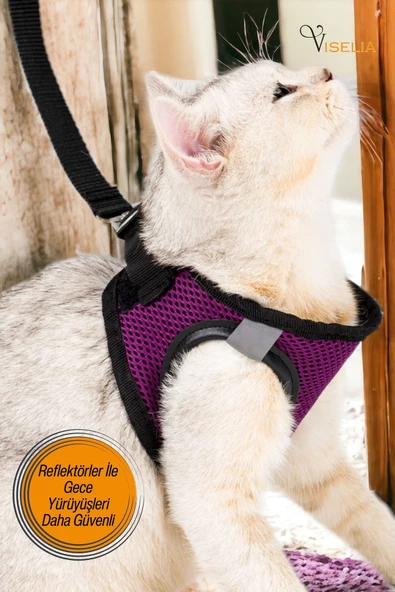 Viselia Kedi Tasması Göğüs Boyun Tasma Sevk Kayışlı Terletmeyen Nefes Alan Kumaş Reflektörlü Mor M Beden - Resim 4