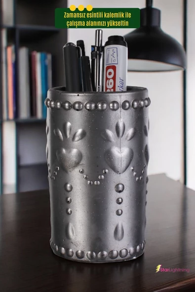 StarLightning Kalemlik Masa Kalemliği Organizer Kalemlik Gümüş Eskitme Renk Model 10 - Resim 2