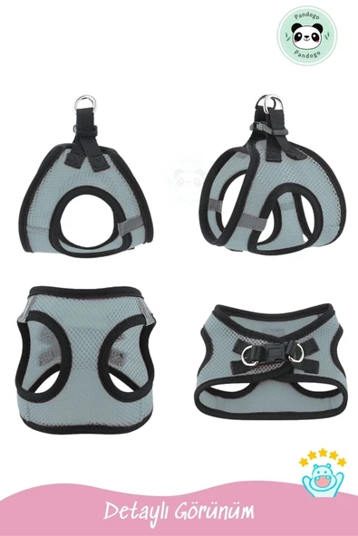 Pandogo Kedi Köpek Tasması Reflektörlü Fileli Hava Alan Kumaş Sevk Kayışlı Kedi Gezdirme Tasması Gri L - Resim 3