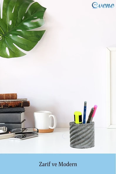 Evene Kalemlik Gümüş Eskitme Renk Masa Kalemliği Organizer Kalemlik Dönen Çizgili Model - Resim 3