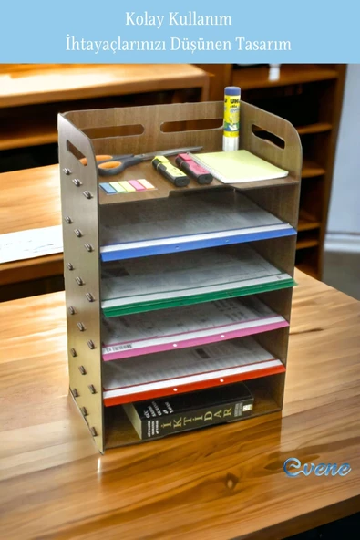 Evene Dosya Düzenleyici Masa Üstü Organizer Ahşap Evrak Rafı Ceviz Renk Model 5 - 6
