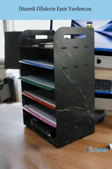 Evene Dosya Düzenleyici Masa Üstü Organizer Ahşap Evrak Rafı Siyah Mermer Renk Model 5 - 2