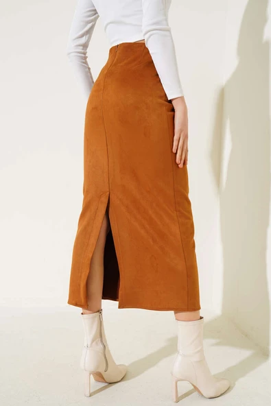 Bel Fermuarlı Süet Kalem Etek Taba - Resim 3