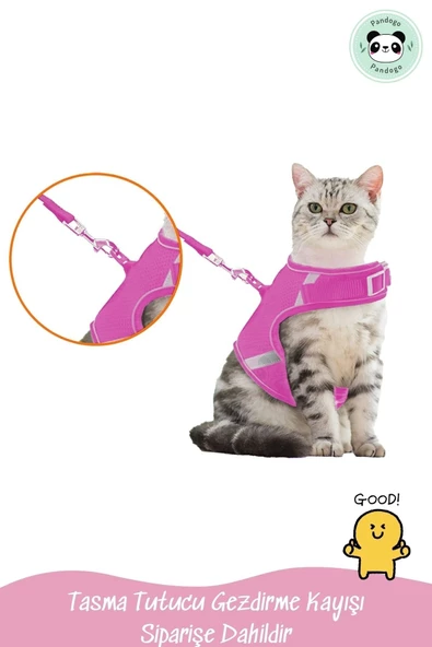 Pandogo Kedi Tasması Göğüs Gezdirme Tasması Uzun Sevk Kayışlı Pembe S Beden - Resim 5