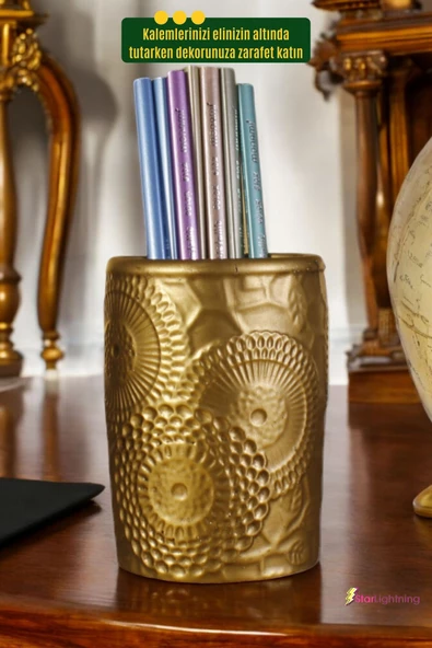 StarLightning Kalemlik Masa Kalemliği Organizer Kalemlik Altın Eskitme Renk Model 12 - Resim 4