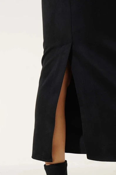 Bel Fermuarlı Süet Kalem Etek Siyah - Resim 4