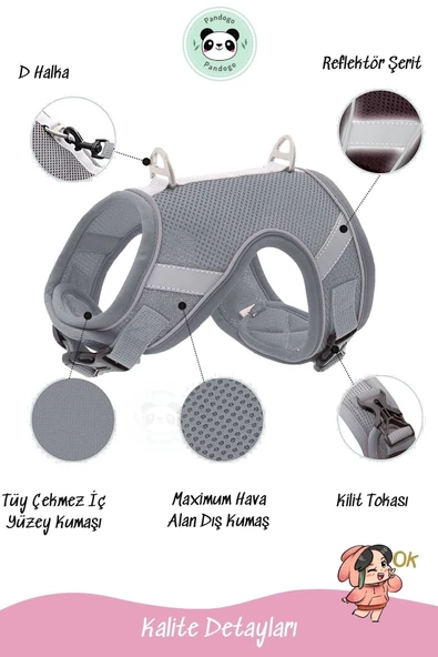 Pandogo Kedi Tasması Göğüs Gezdirme Tasması Uzun Sevk Kayışlı Gri M Beden - Resim 4