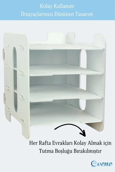 Evene Dosya Düzenleyici Masa Üstü Organizer Ahşap Evrak Rafı Beyaz Renk Model 1 - 6