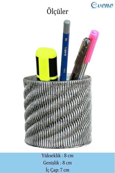 Evene Kalemlik Gümüş Eskitme Renk Masa Kalemliği Organizer Kalemlik Dönen Çizgili Model - Resim 2