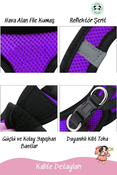 Pandogo Kedi Köpek Tasması Reflektörlü Fileli Hava Alan Kumaş Sevk Kayışlı Kedi Gezdirme Tasması Mor L - Resim 4