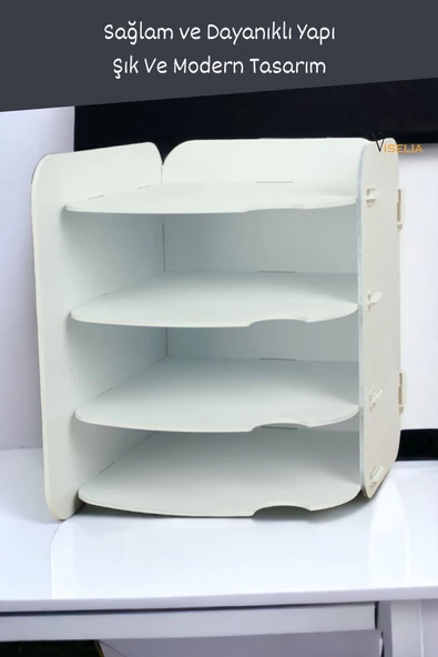 Viselia Evrak Rafı Ahşap Masaüstü Organizer Dosya Düzenleyici Beyaz Renk Model 2 - 2