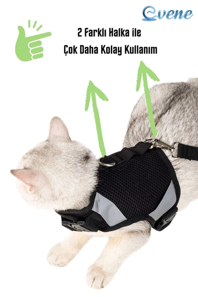 Evene Kedi Tasması Göğüs Boyun Tasma Seti Sevk Kayışlı Terletmeyen Nefes Alan Reflektörlü Tasma L Siyah - Resim 2