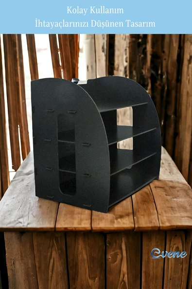 Evene Dosya Düzenleyici Masa Üstü Organizer Ahşap Evrak Rafı Siyah Renk Model 6 - 6