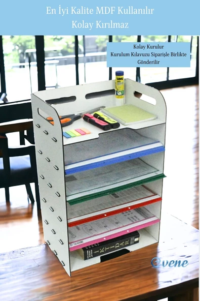 Evene Dosya Düzenleyici Masa Üstü Organizer Ahşap Evrak Rafı Beyaz Renk Model 5 - 5