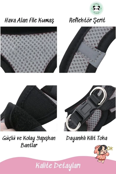 Pandogo Kedi Köpek Tasması Reflektörlü Fileli Hava Alan Kumaş Sevk Kayışlı Kedi Gezdirme Tasması Gri L - Resim 4