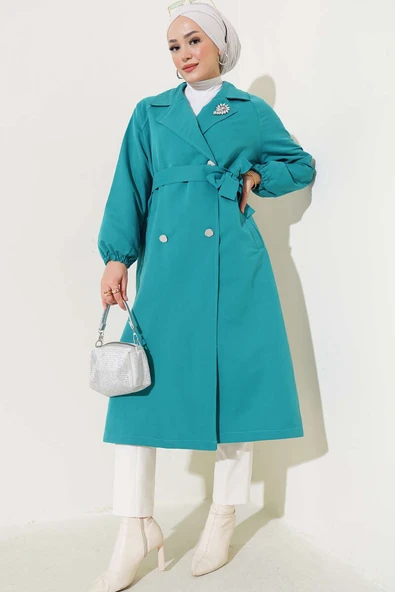 Yaka Taşlı Astarlı Trençkot Petrol ürün görseli 1