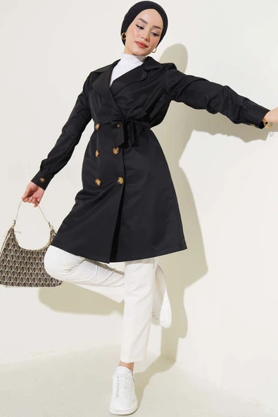 Kruvaze Yaka Astarsız Trençkot Siyah