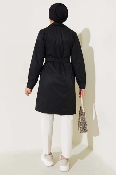 Kruvaze Yaka Astarsız Trençkot Siyah - 3