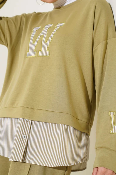 W Baskılı Çizgi Garnili İkili Takım Çağla Yeşili - Resim 4