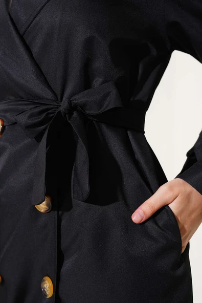 Kruvaze Yaka Astarsız Trençkot Siyah - 4