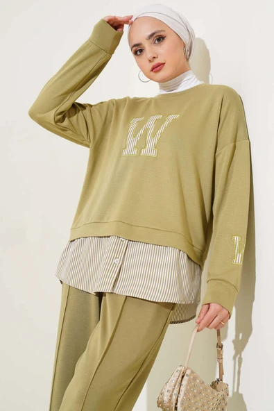 W Baskılı Çizgi Garnili İkili Takım Çağla Yeşili ürün görseli 1