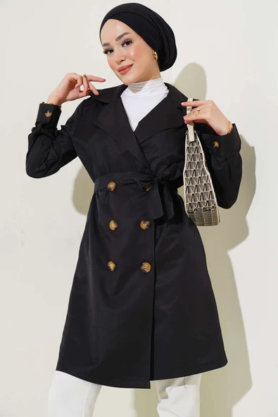 Kruvaze Yaka Astarsız Trençkot Siyah - 2