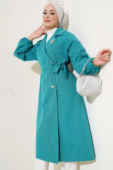 Yaka Taşlı Astarlı Trençkot Petrol - Resim 2