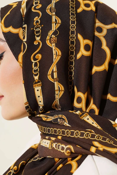 Dijital Zincir Desen Medine Şal Kahve - Resim 4