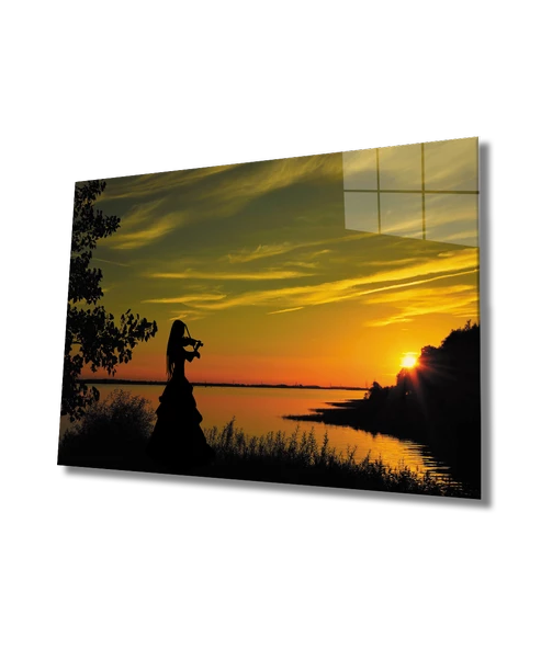 Gün Batımı ve Keman Çalan Kadın Dekoratif ve Modern Cam Tablo - 2