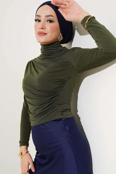 Balıkçı Yaka Büzgülü Bluz Haki - Resim 2