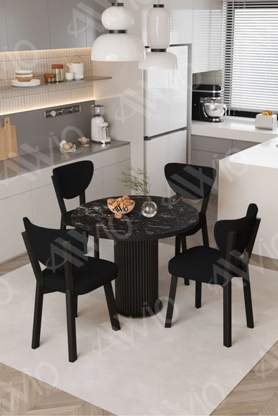AVVİO Elma Yuvarlak Siyah Mermer Mutfak Masa 4 Adet Sandalyeli Takım ürün görseli