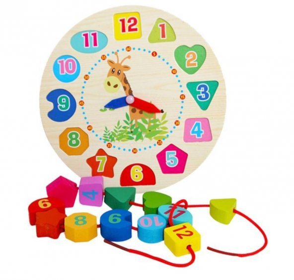 Hamaha Wooden Toys Ahşap Eğitici Geliştirici Renkli İpe Dizme Saat Oyuncak