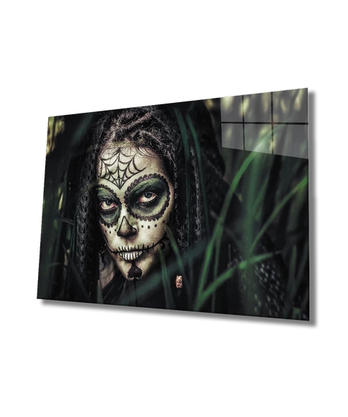 Kafatası Makyajı Yerli Kadın Dekoratif ve Modern Cam Tablo ürün görseli