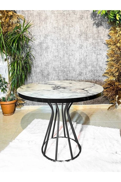 AVVİO 90x90 Ada Beyaz Mermer Görünümlü Siyah Kum Saat Ayaklı Mutfak Masası ürün görseli