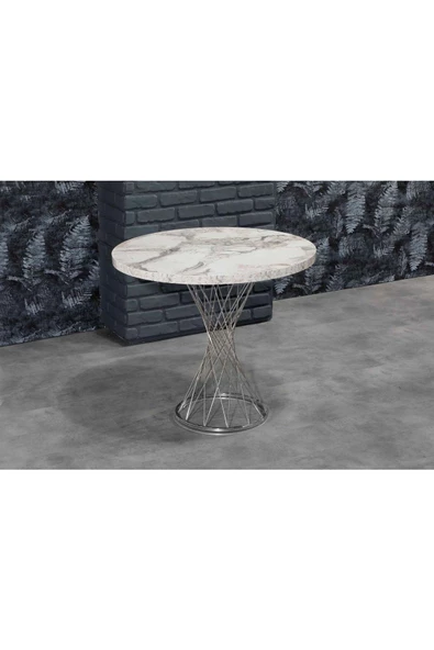 AVVİO 90x90 Luna Beyaz Mermer Görünümlü Gümüş Hasırlı Mutfak Masası ürün görseli