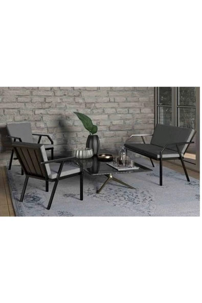 AVVİO Perla 2+1 +1 Bahçe , Balkon Mobilyası Antrasit Oturma Grubu Çay Seti