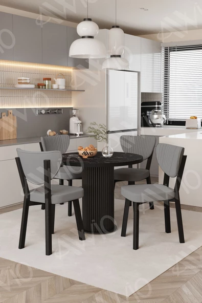 AVVİO Elma Yuvarlak Siyah Mermer Mutfak Masa 4 Adet Sandalyeli Takım - Resim 2