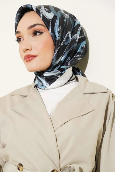 Pastel Desen Eşarp Siyah Mint