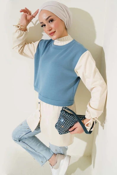 Bilekleri Tünelli Garnili Tunik Petrol ürün görseli 1