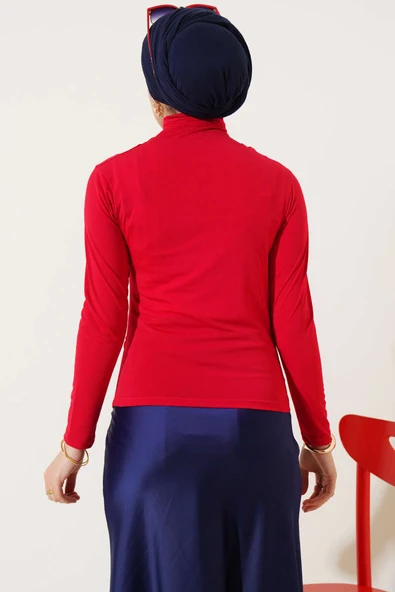 Balıkçı Yaka Büzgülü Bluz Kırmızı - Resim 3