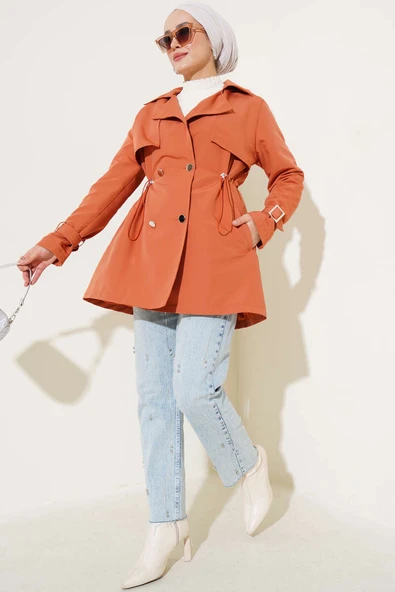 Bel Tünelli Kısa Trençkot Kiremit - Resim 2