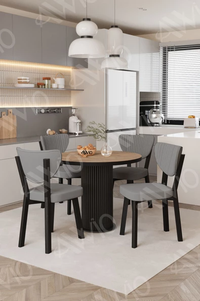 AVVİO Elma Yuvarlak Ceviz Mutfak Masa 4 Adet Sandalyeli Takım - Resim 2