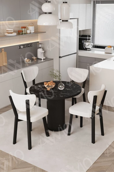 AVVİO Elma Yuvarlak Siyah Mermer Mutfak Masa 4 Adet Sandalyeli Takım ürün görseli