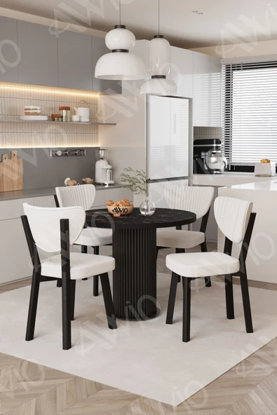 AVVİO Elma Yuvarlak Siyah Mermer Mutfak Masa 4 Adet Sandalyeli Takım - Resim 2