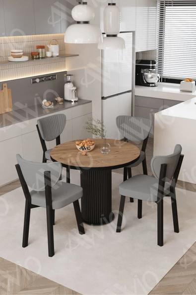 AVVİO Elma Yuvarlak Ceviz Mutfak Masa 4 Adet Sandalyeli Takım ürün görseli