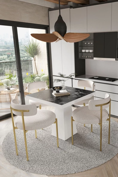 AVVİO ARONA  Beyaz Lake MDF Ayak  90x90 Yemek Masası Mutfak Masası 4 Kişilik Masa Takımı Teddy Sandalye ürün görseli